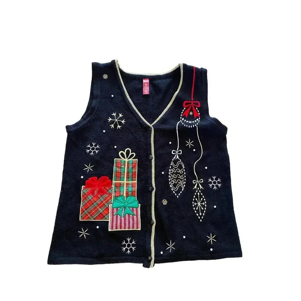 Vintage Christmas Sweater Vest Size Medium Embroidered Present Gift Womens